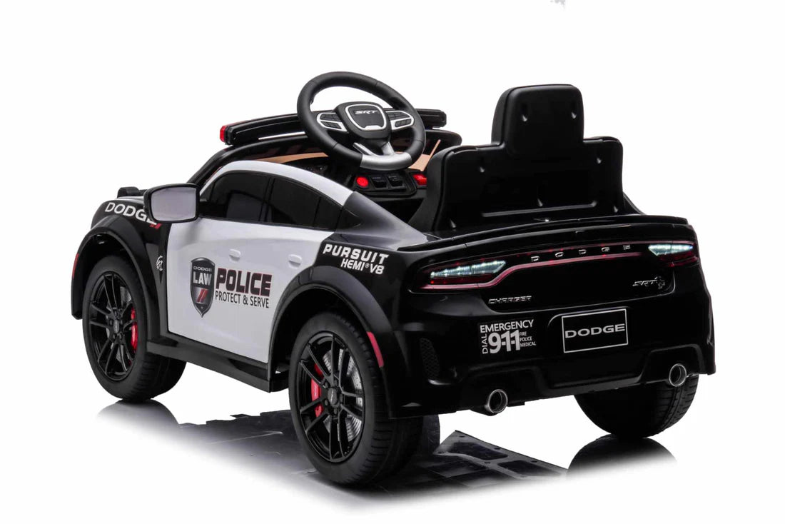 Kids’ 12V Black / White Electric Dodge Police Car – With Microphone, Parental Control & Safety Features