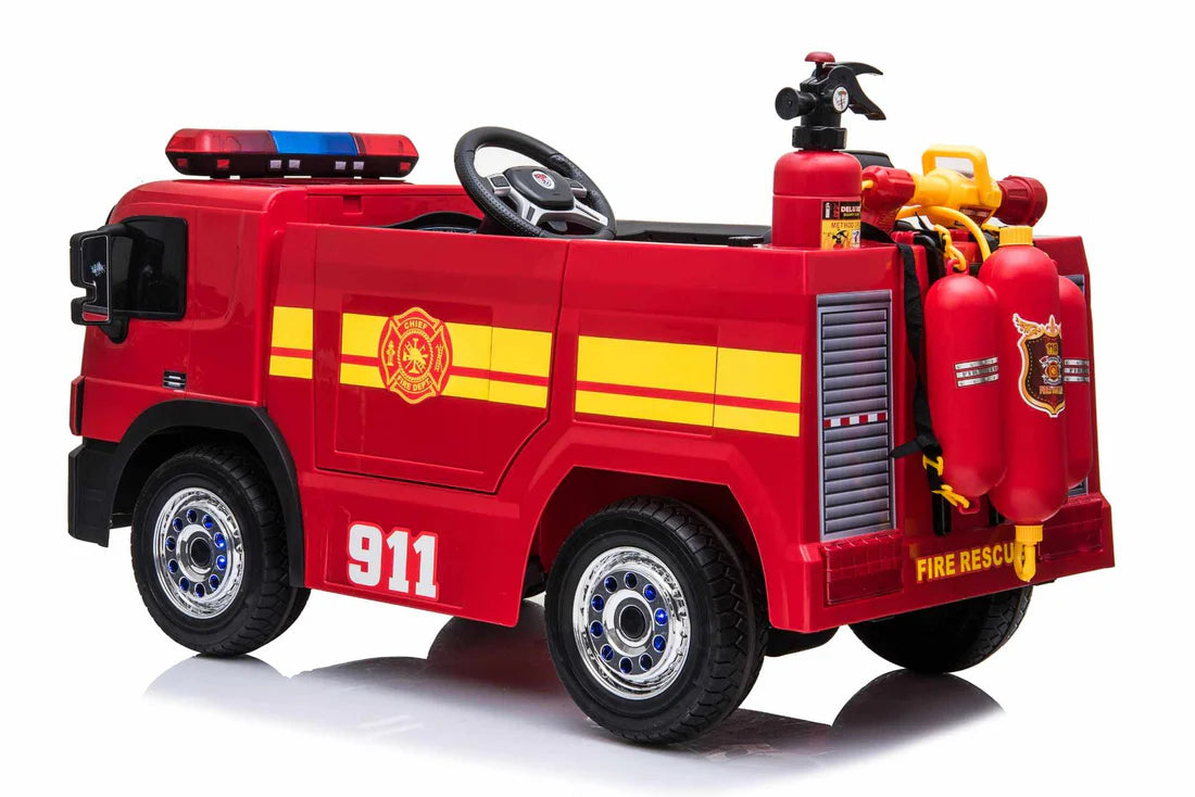 Kids’ 12V Electric Red Fire Engine Ride-On – Water Gun, Parental Control & Music Function