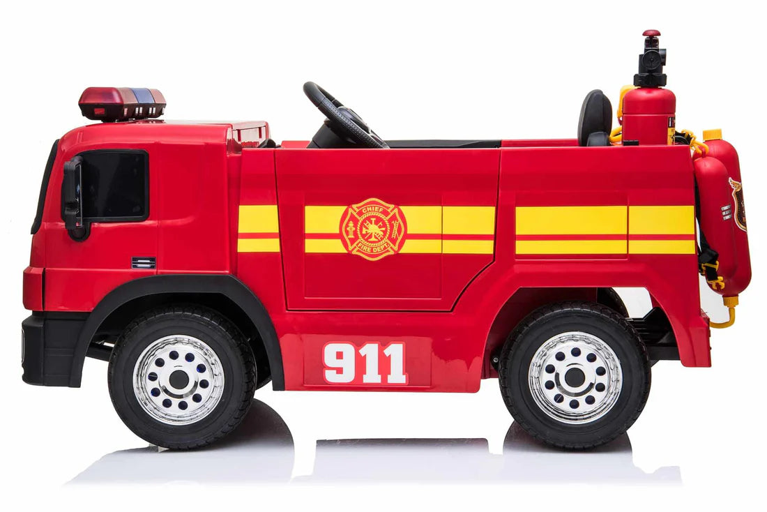 Kids’ 12V Electric Red Fire Engine Ride-On – Water Gun, Parental Control & Music Function