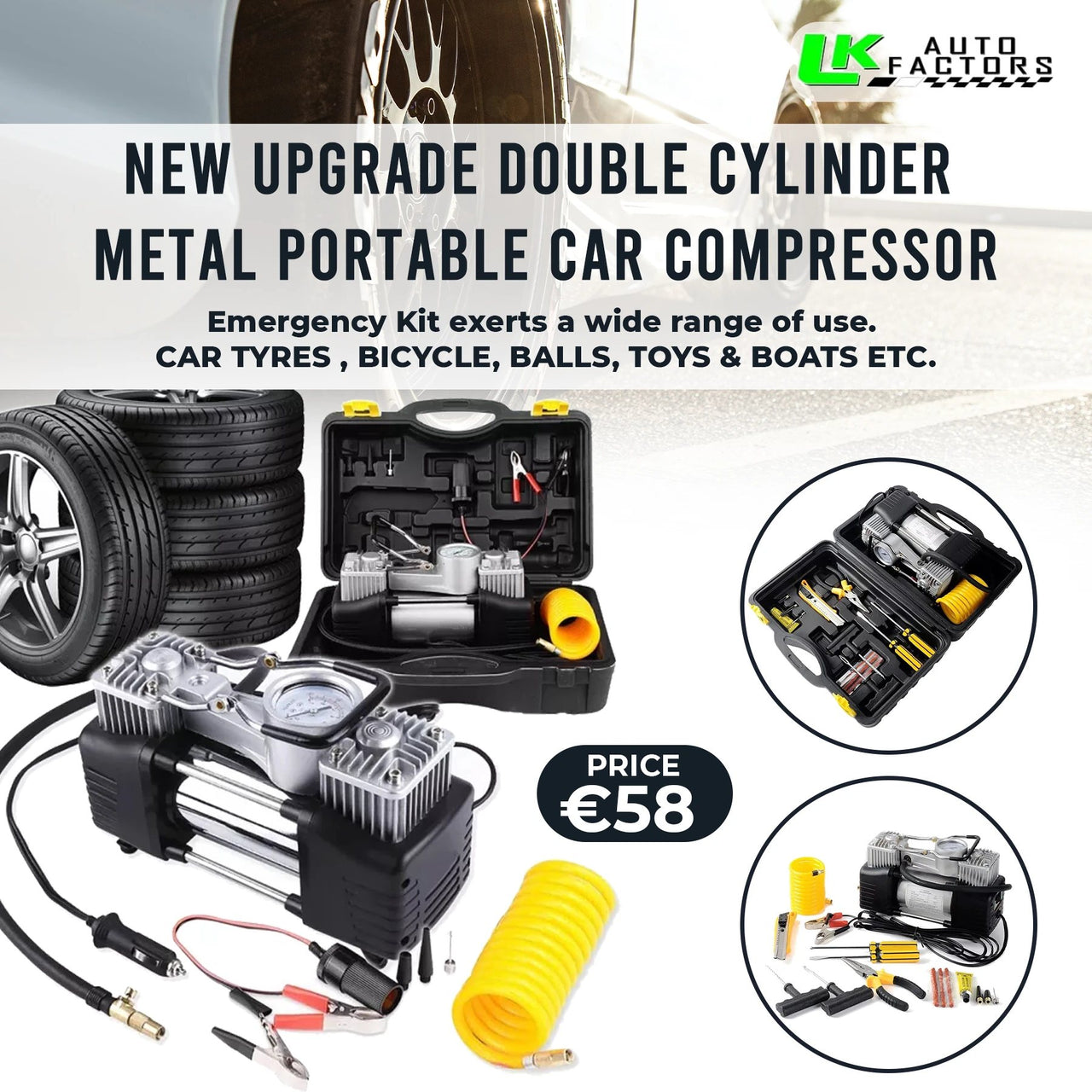 12 V NEW DOUBLE CYLINDER PORTABLE AIR COMPRESSOR WITH EMERGENCY KIT